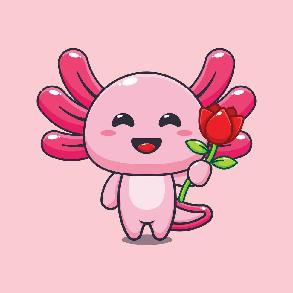 Axolotl halten Rose Blume Karikatur Vektor Illustration.