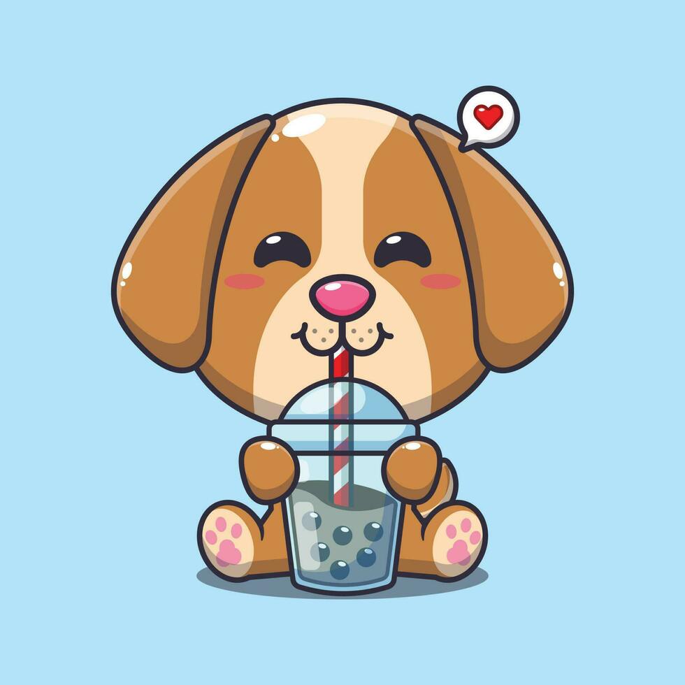 Hund trinken Boba Milch Tee Karikatur Vektor Illustration.