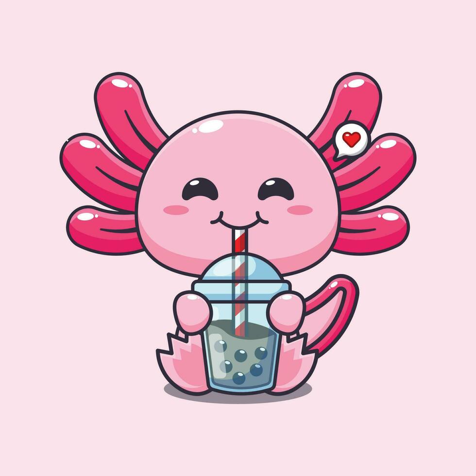 Axolotl trinken Boba Milch Tee Karikatur Vektor Illustration.