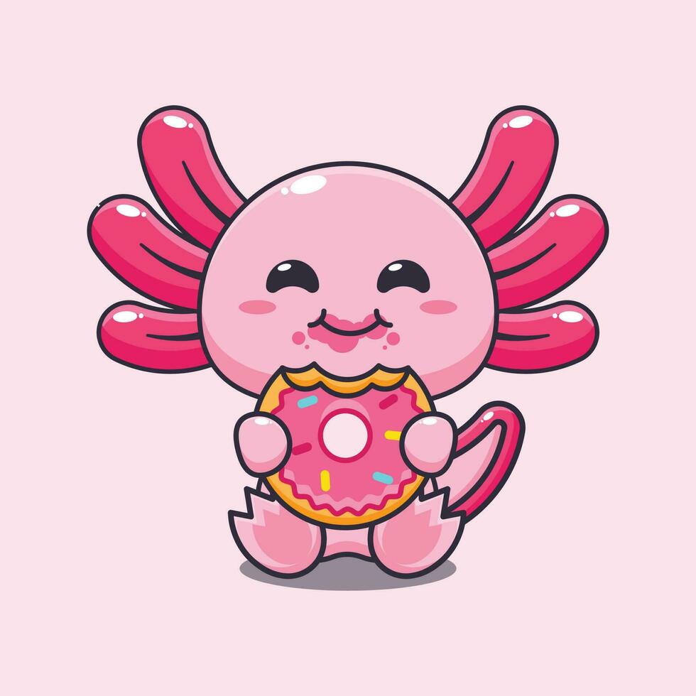 Axolotl Essen Krapfen Karikatur Vektor Illustration.