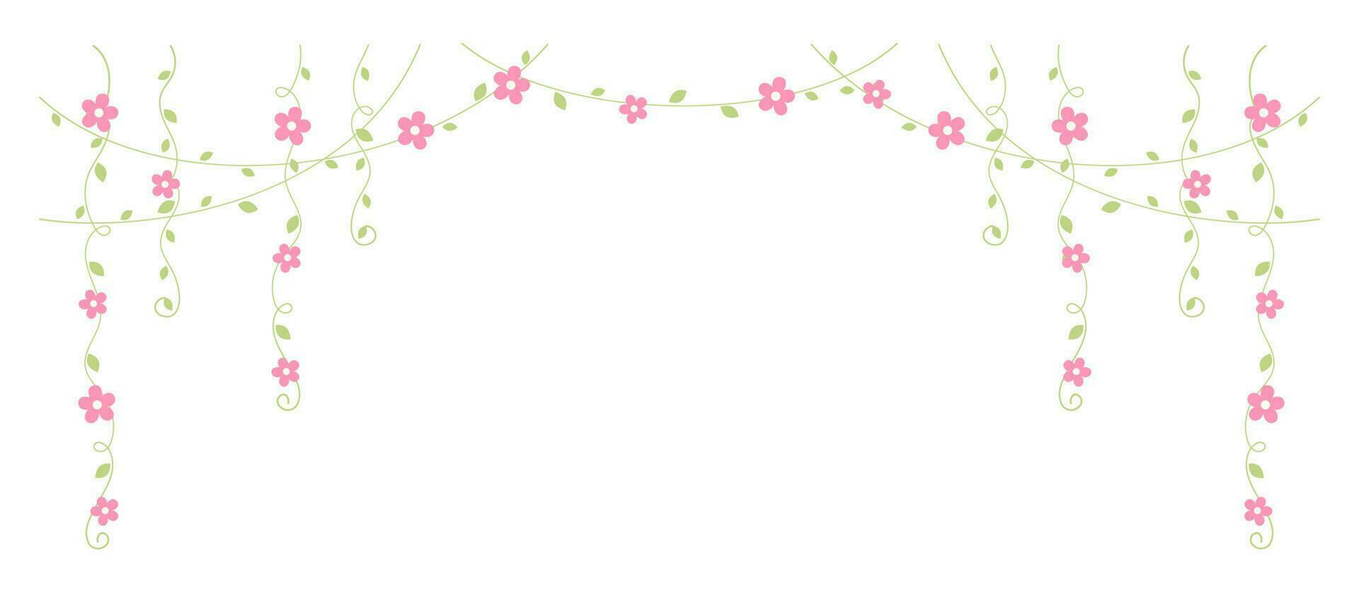hängande vinstockar med rosa blommor vektor illustration. enkel minimal blommig botanisk vin ridå design element för vår.
