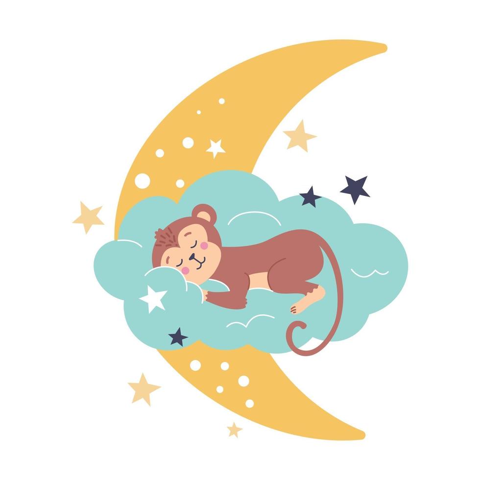 niedlicher Affe schläft auf einer Wolke neben dem Mond und Sternenvektorillustration in einem flachen Stildekor für Kinderplakate, Postkarten, Kleidung und Interieur vektor