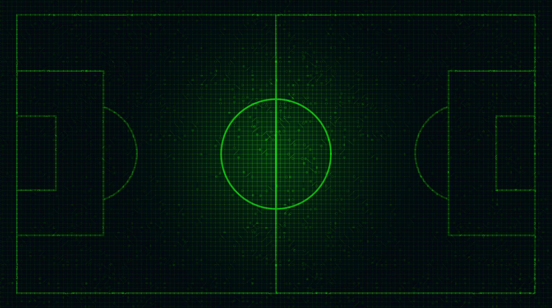 virtuelles grünes Fußballfeld auf digitalem Technologiehintergrund vektor