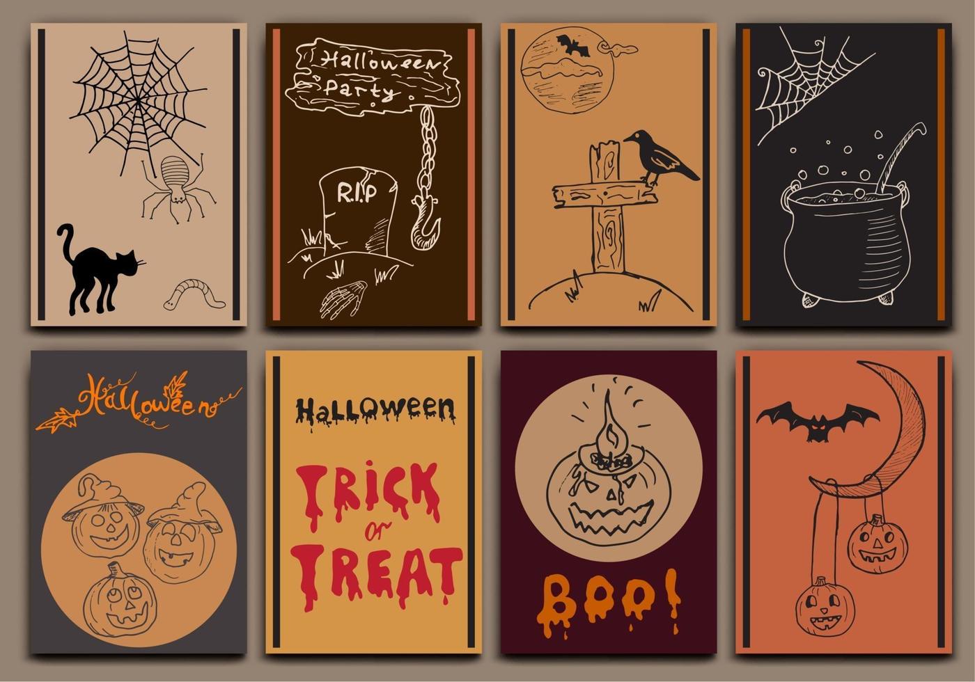 Halloween Karten Banner Design Vektor Set mit Hand gezeichneten Skizze Elemente Kürbis Fledermäuse Spinnen mit Web Hexentopf Katze Kritzeleien mit Schriftzug gesetzt