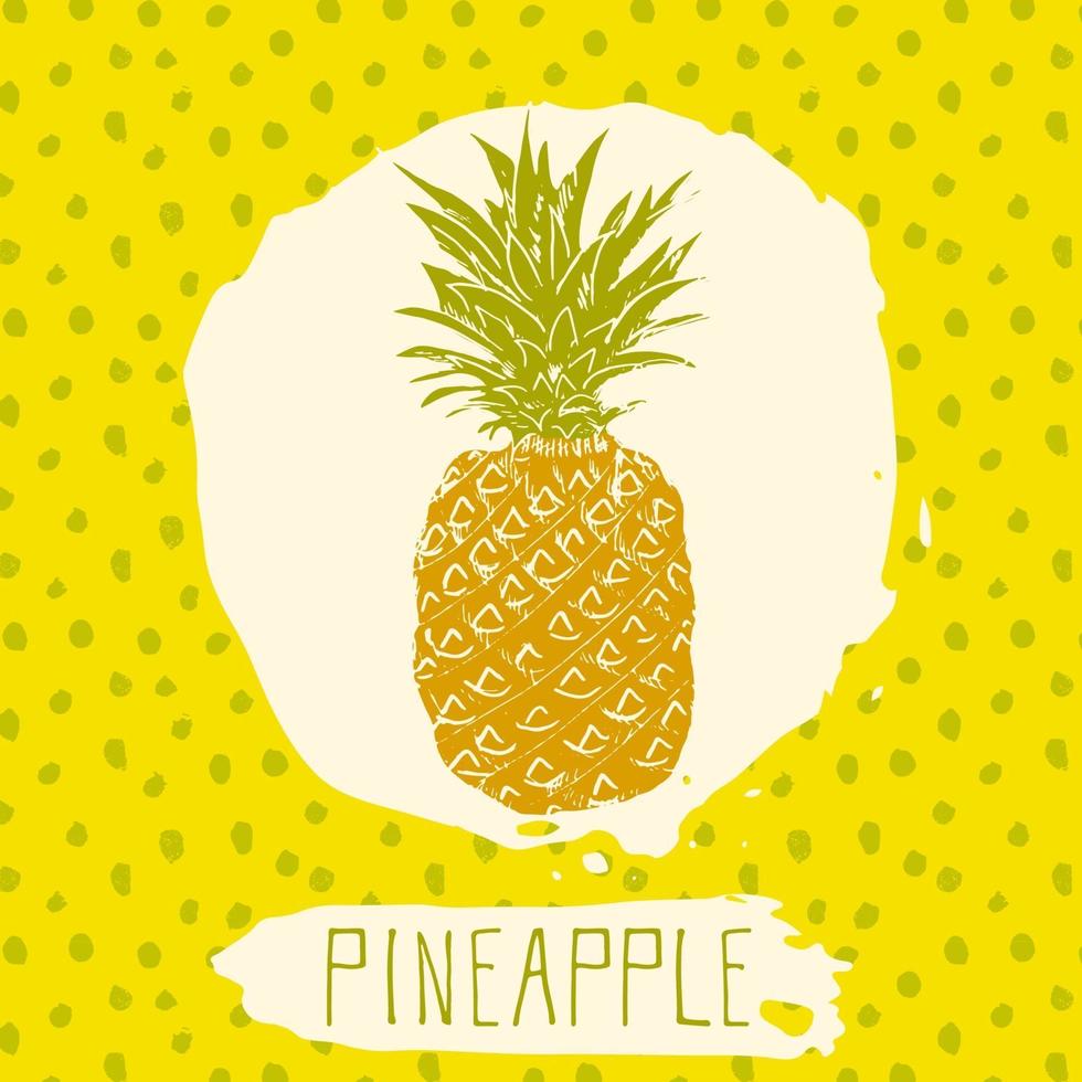 ananas handritad skissad frukt med blad på blå bakgrund med prickar mönster doodle vektor ananas för logotyp etikett varumärkesidentitet