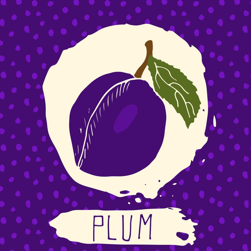 plommon handritad skissad frukt med blad på bakgrund med prickar mönster klotter vektor plommon för logotyp etikett varumärkesidentitet