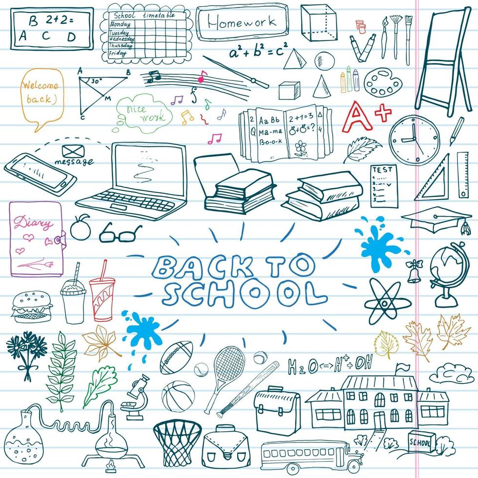 tillbaka till skolan levererar skissartade anteckningsboken doodles set med bokstäver handritad vektor illustration designelement på fodrad skissbok på svarta tavlan bakgrund