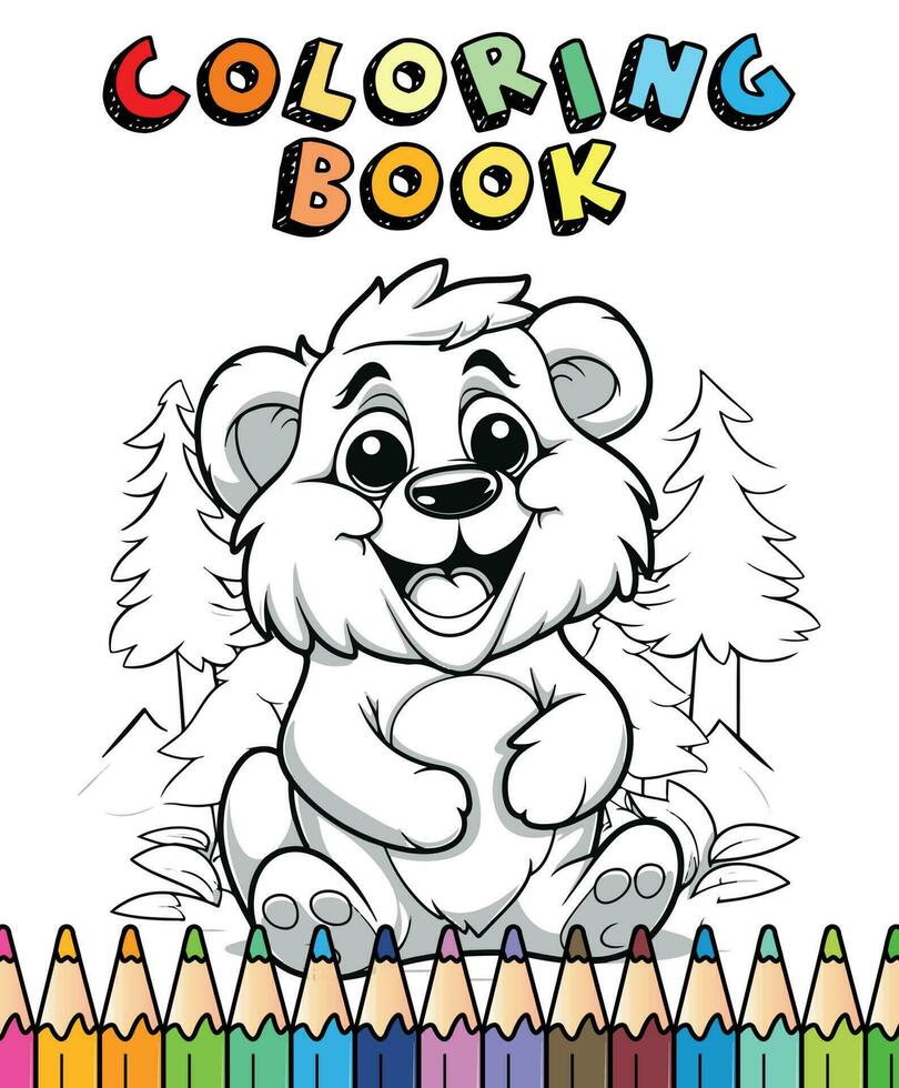 en färg bok för barn är visad med en vit Björn Sammanträde i en fält av färgad pennor. vektor