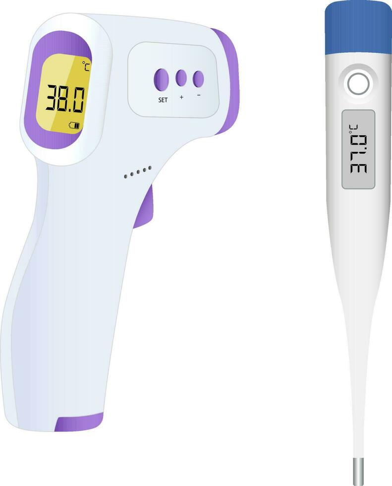 celsius faryngat temperatur termometer elektronisk grön lila manuell vektor termometer visar hög temperatur