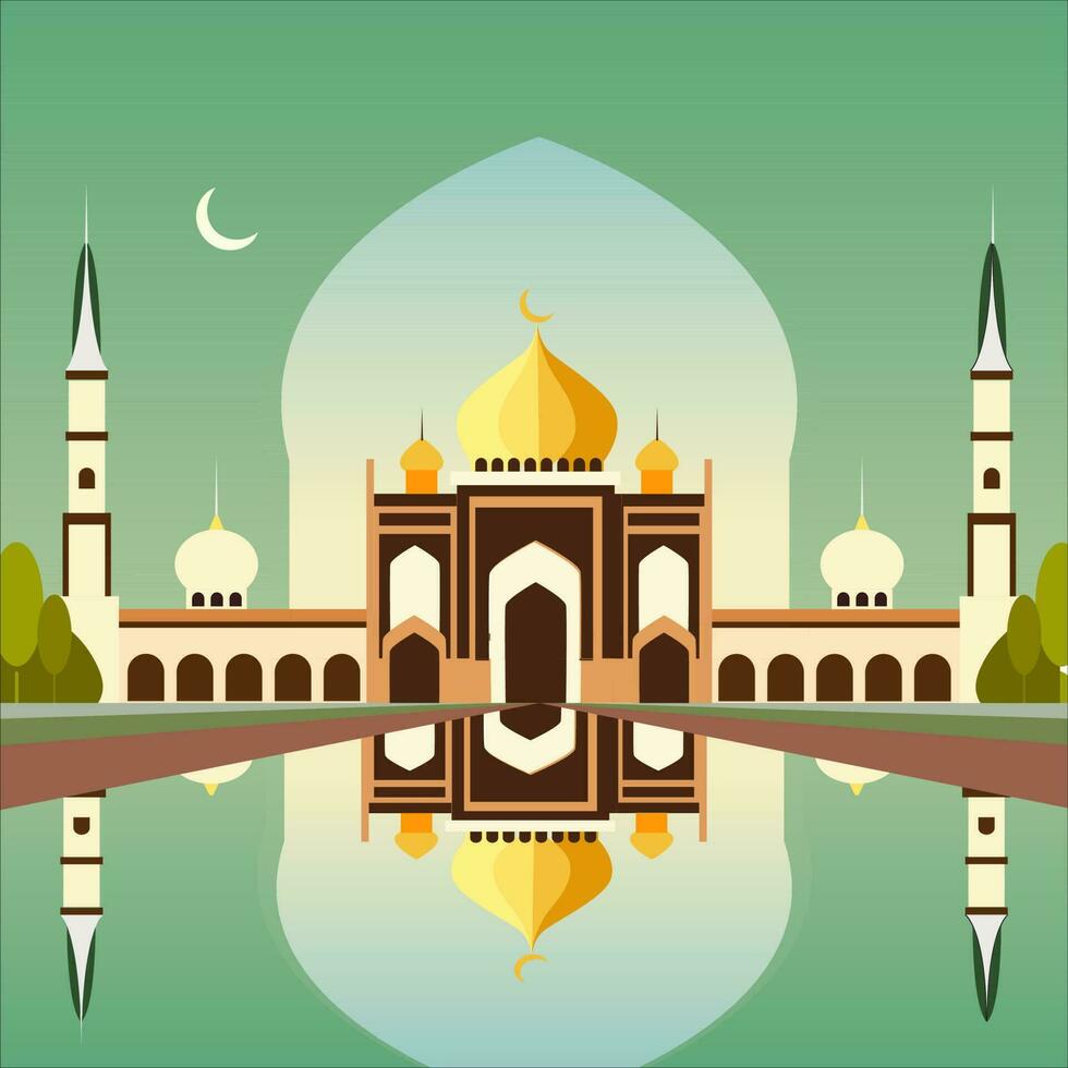 Muslim Palast auf das Hintergrund von Wasser Betrachtung Religion Nacht Monat vektor