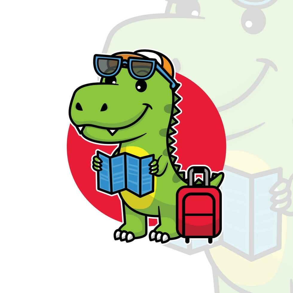 söt dinosaurie bär glasögon med resa väska och väg Karta tecknad serie design vektor