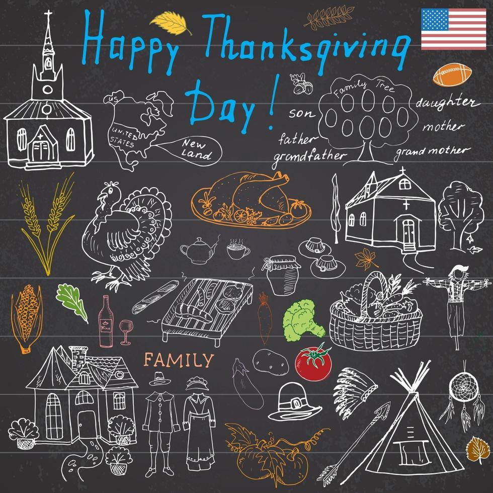 Thanksgiving-Kritzeleien setzen traditionelle Symbole Skizze Sammlung Essen Getränke Truthahn Kürbis Mais Wein Gemüse Indianer und Pilger Artikel Freihand Vektor Zeichnung und Beschriftung auf Tafel