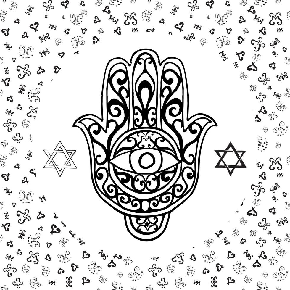 handritad skiss av traditionella judiska religiösa symboler hand av miriam palm of david star of david rosh hashanah hanukkah shana tova vektorillustration på prydnadsmönster vektor