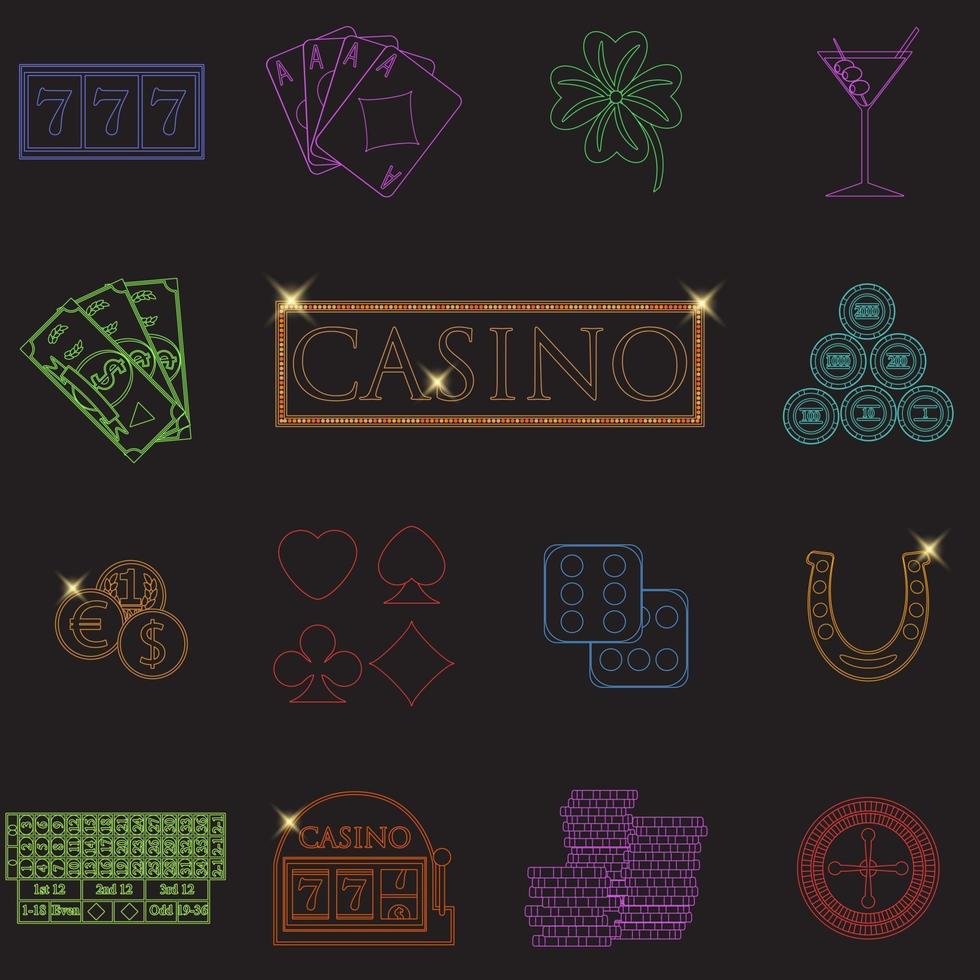 Casino und Glücksspiel Linie Symbole mit Spielautomat und Roulette Chips Poker Karten Geld Würfel Münzen Hufeisen flache Design Vektor-Illustration gesetzt vektor