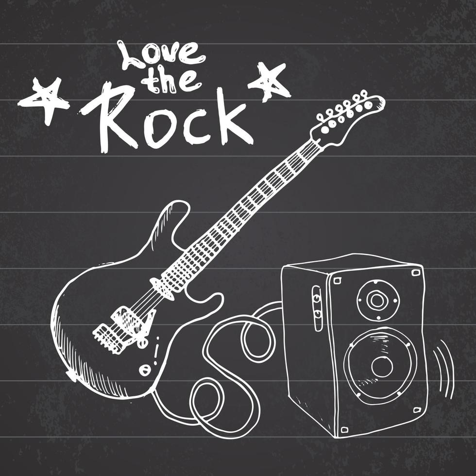 rockmusik handritad skissgitarr med ljudlåda och text älskar rockvektorillustrationen på svarta tavlan vektor
