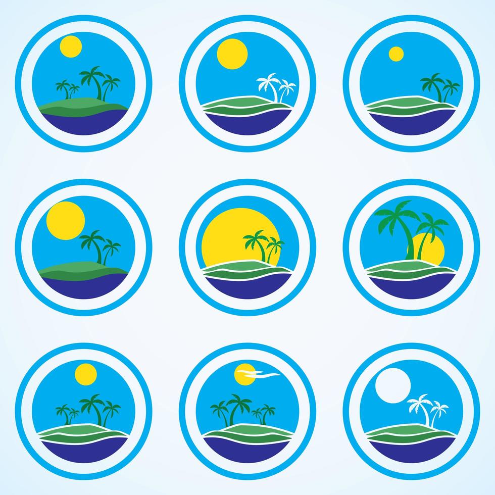 palmer och sun beach resort logotyp mall tropisk ö eller semester ikonuppsättning vektor
