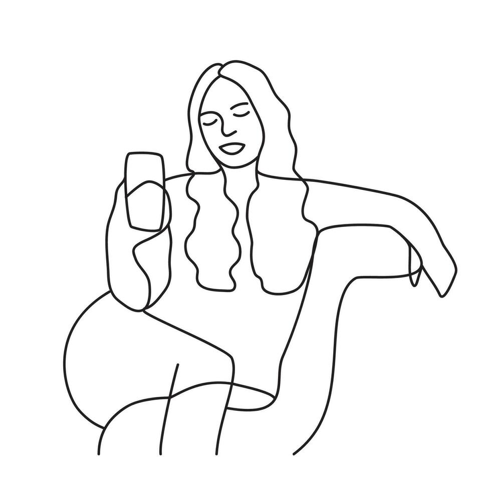 lächelnd Frau Sitzung im ein Stuhl und reden auf das Telefon auf Weiß. minimalistisch Hand gezeichnet weiblich Vektor Porträt, modern abstrakt einer Linie Zeichnung Grafik Stil. Dekor drucken, Mauer Kunst, kreativ Design