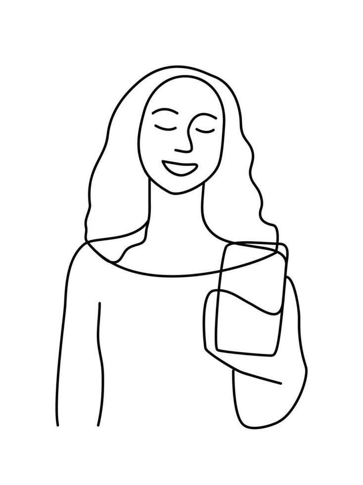 minimalistisk hand dragen kvinna vektor porträtt i modern abstrakt ett linje teckning grafisk stil. dekor skriva ut, vägg konst, kreativ design social media. trendig mall kvinna talar på de telefon på vit