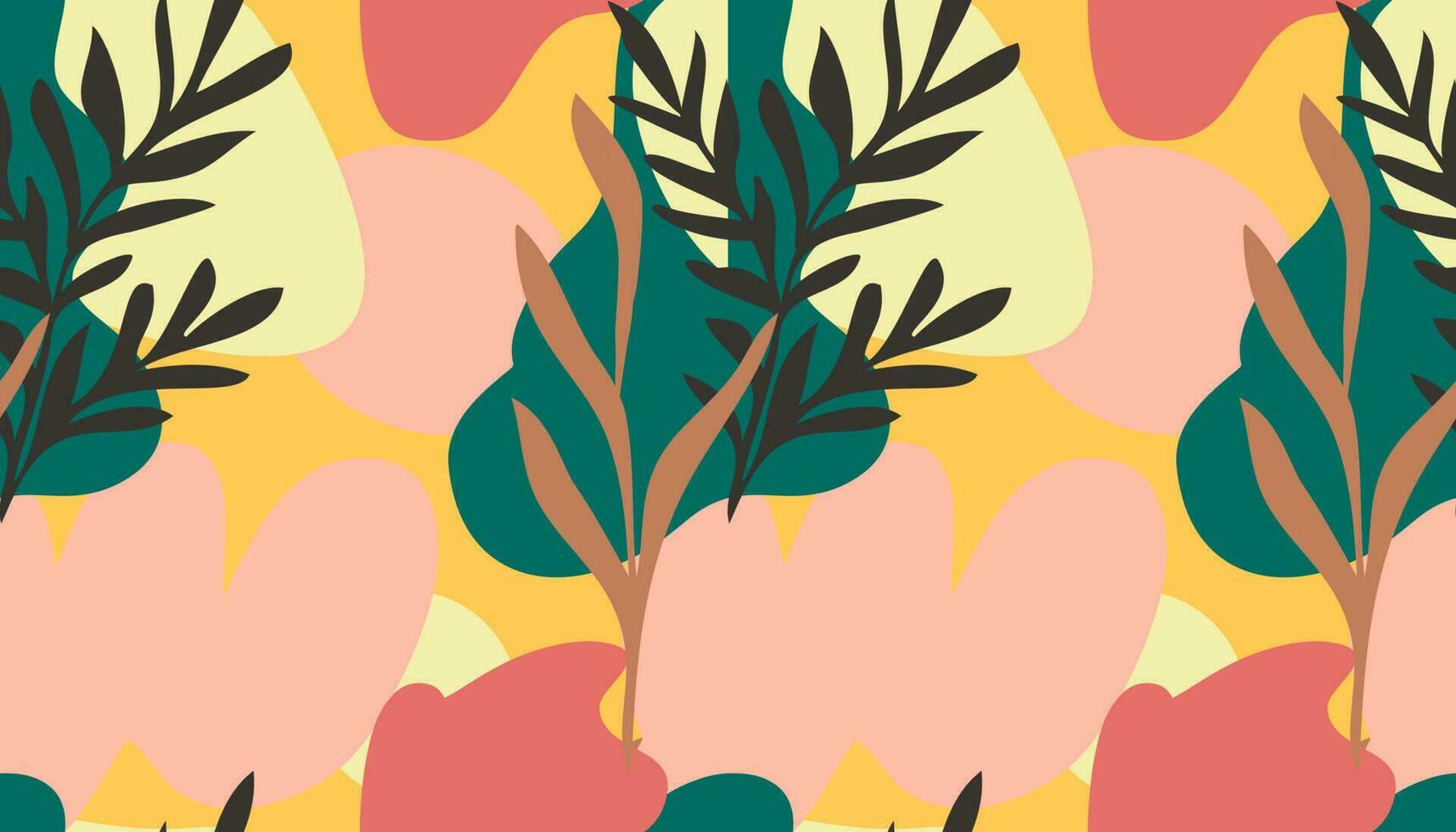nahtlos Muster von Hand gezeichnet verschiedene Formen Gekritzel Objekte, Linien und Pflanze Blatt Laub Hintergrund bunt Blumen- Hintergrund zum Muster. abstrakt Vektor Design Illustration