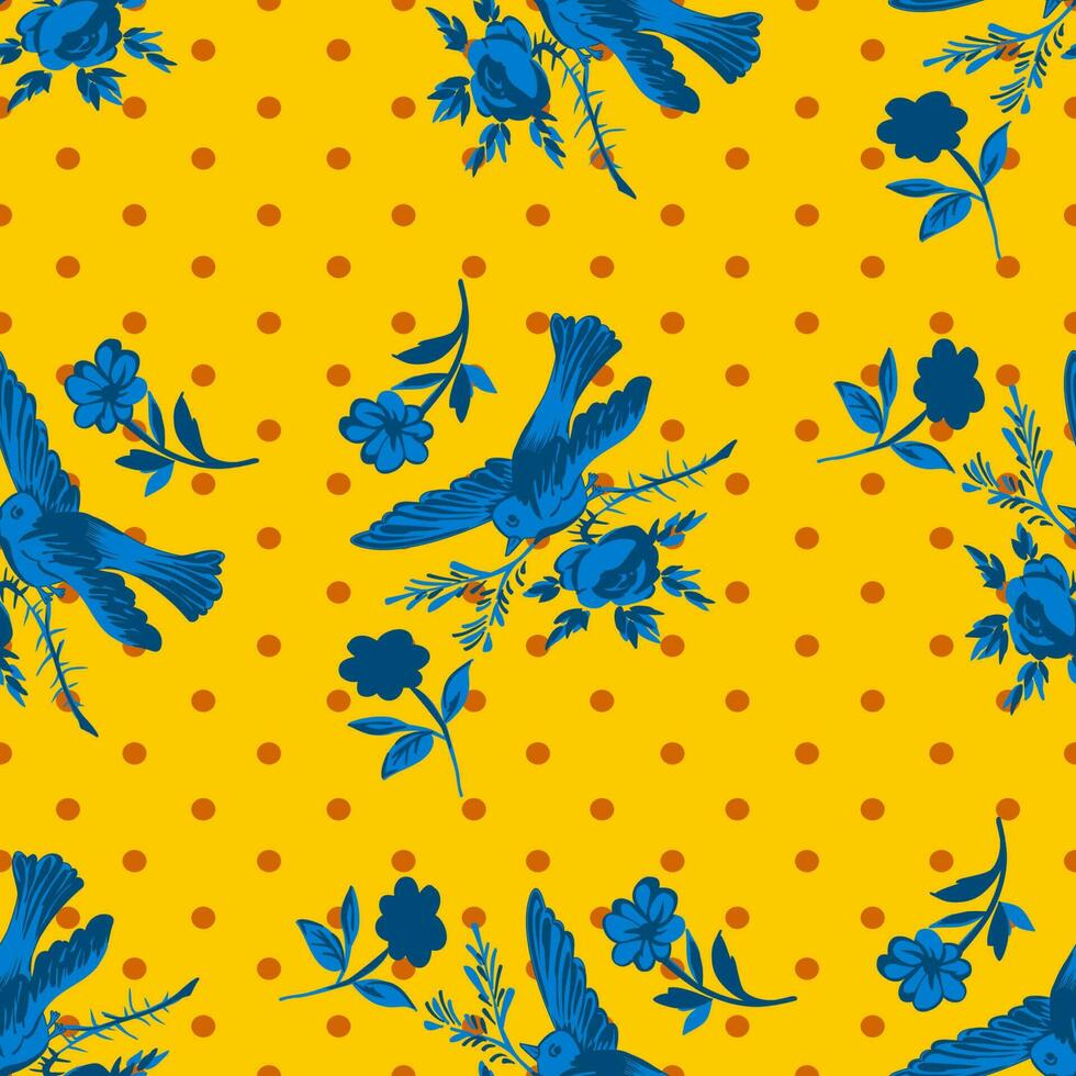 Hand gezeichnet Vogel fliegend mit Blume Rosen auf Polka Punkt Muster Hintergrund. tropisch Jahrgang nahtlos drucken. Vektor Illustration zum Design, Mode, Textil, Gruß Karte, Einladung, Verpackung Papier