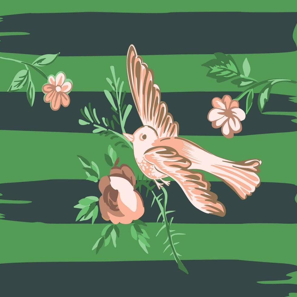 teckning fågel flygande med blomma ro tropisk årgång skriva ut, sömlös Ränder mönster retro bakgrund i pastell färger. vektor illustration för design, mode, textil, hälsning kort, inbjudan