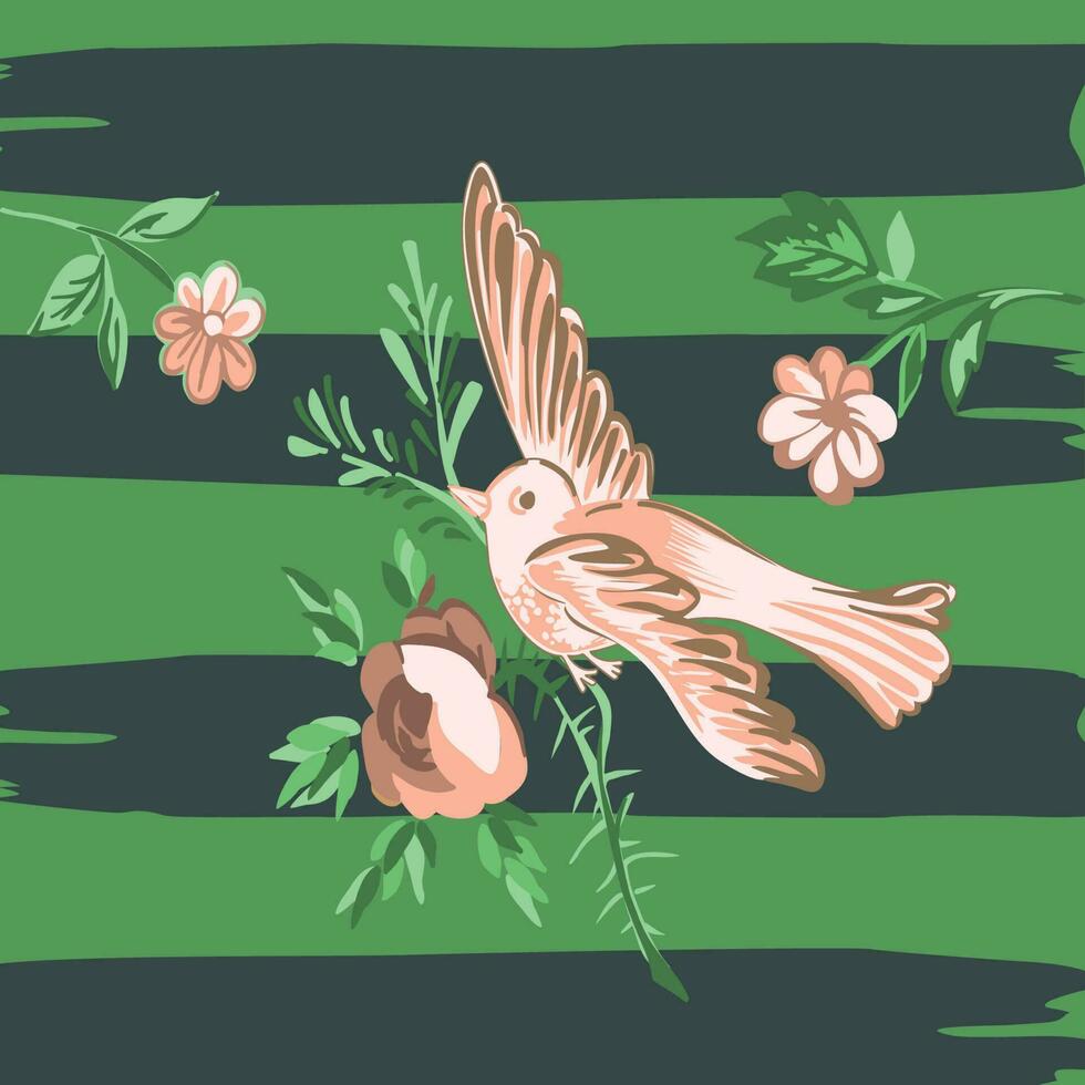 Zeichnung Vogel fliegend mit Blume Rosen tropisch Jahrgang drucken, nahtlos Streifen Muster retro Hintergrund im Pastell- Farben. Vektor Illustration zum Design, Mode, Textil, Gruß Karte, Einladung