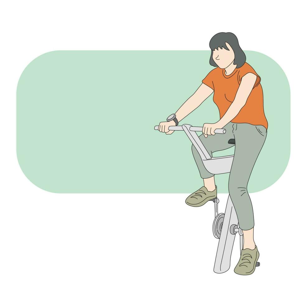Frau Reiten ein Fahrrad im Fitnessstudio Illustration Vektor Hand gezeichnet isoliert auf Weiß Hintergrund Linie Kunst.