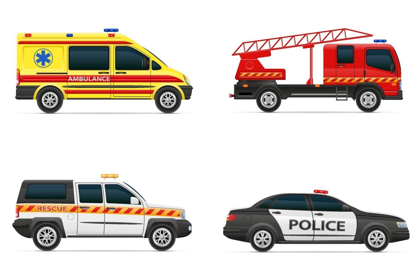 Fahrzeuge von verschiedenen Notfall- und Rettungsdienstautovektorillustration lokalisiert auf weißem Hintergrund vektor