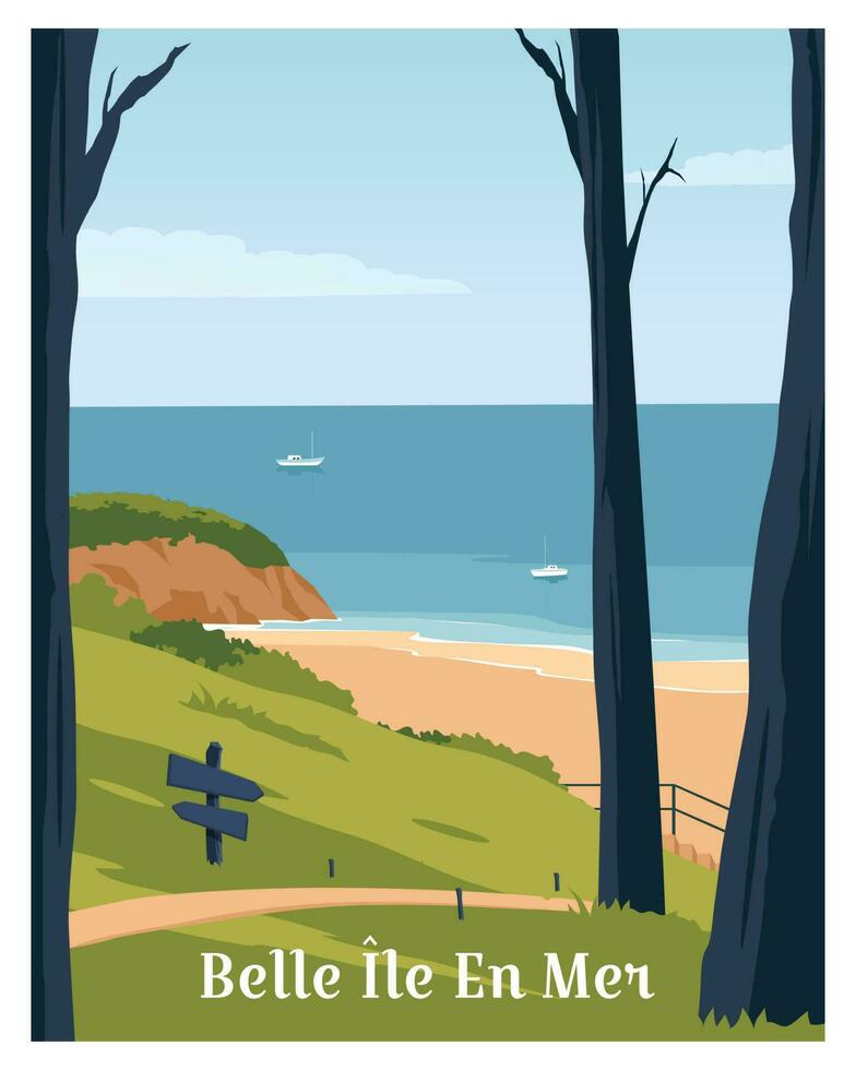 Landschaft Hintergrund mit Strand im Schönheit ile en mer Insel Frankreich. Reise zu Morbihan Frankreich. Vektor Illustration mit farbig Stil zum Poster, Karte, Postkarte, Kunst, drucken.