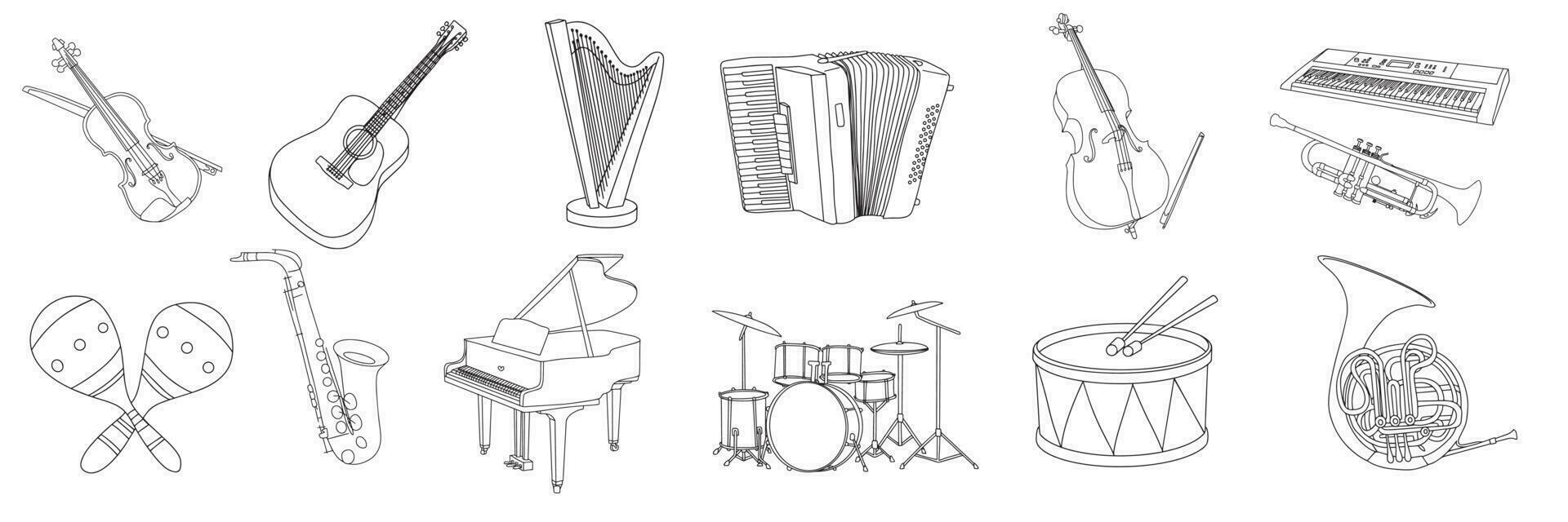 stor samling av klotter musikalisk instrument. fiol, akustisk gitarr, harpa, dragspel, cello, synthesizer, trumpet, maracas, saxofon, piano, trumma uppsättning, trumma, franska horn. vektor illustration.