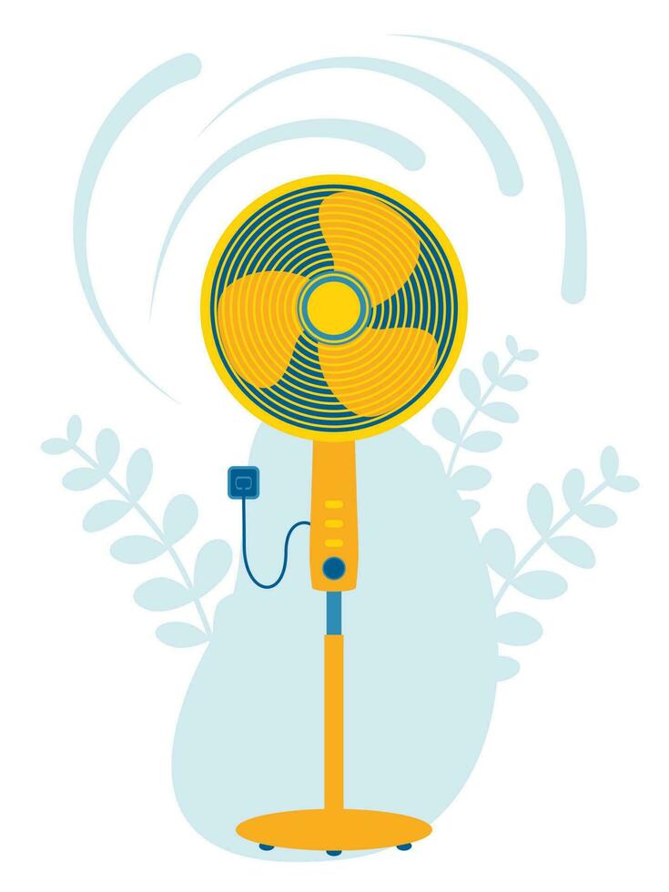 eben Illustration von Fußboden Fan. Luft Klimaanlage. elektrisch Ventilator Vektor isoliert Symbol. Luft Ventilator und Flora Hintergrund.