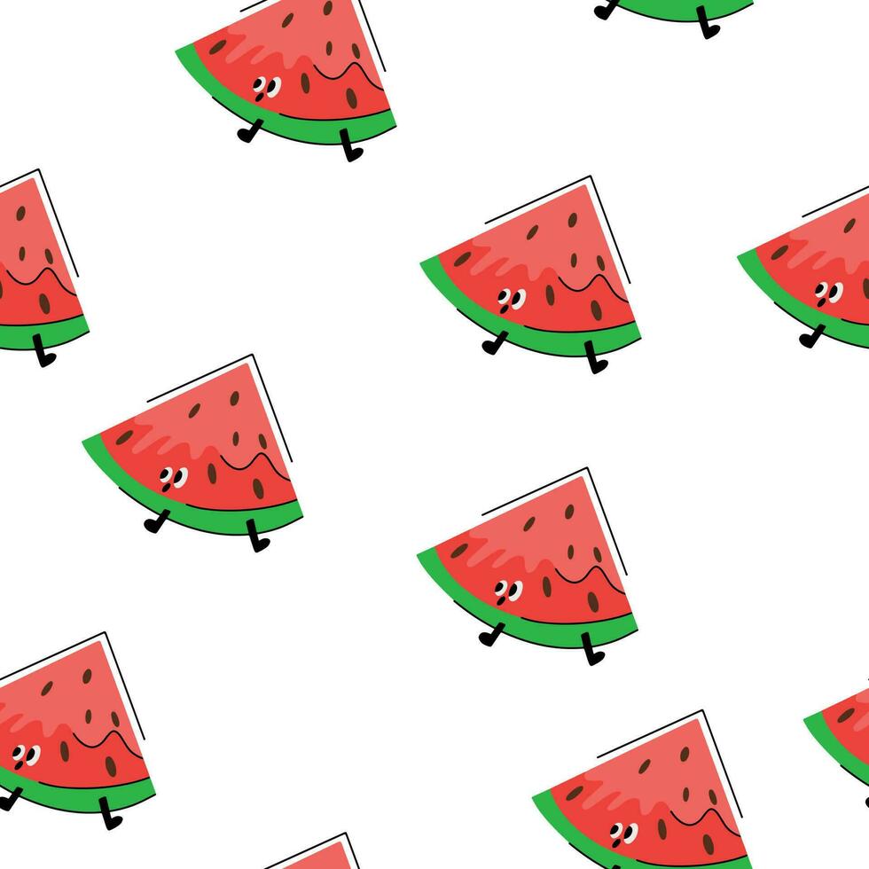 sömlös vattenmeloner mönster. vektor bakgrund. platt design. vektor illustration. tecknad serie vattenmelon sömlös mönster, röd textur med frön.
