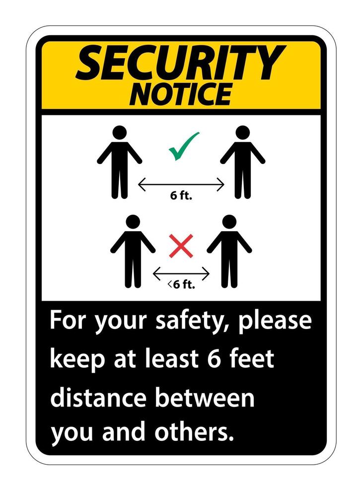 Sicherheitshinweis Halten Sie zu Ihrer Sicherheit einen Abstand von 6 Fuß ein. Bitte halten Sie einen Abstand von mindestens 6 Fuß zwischen Ihnen und anderen Personen ein vektor
