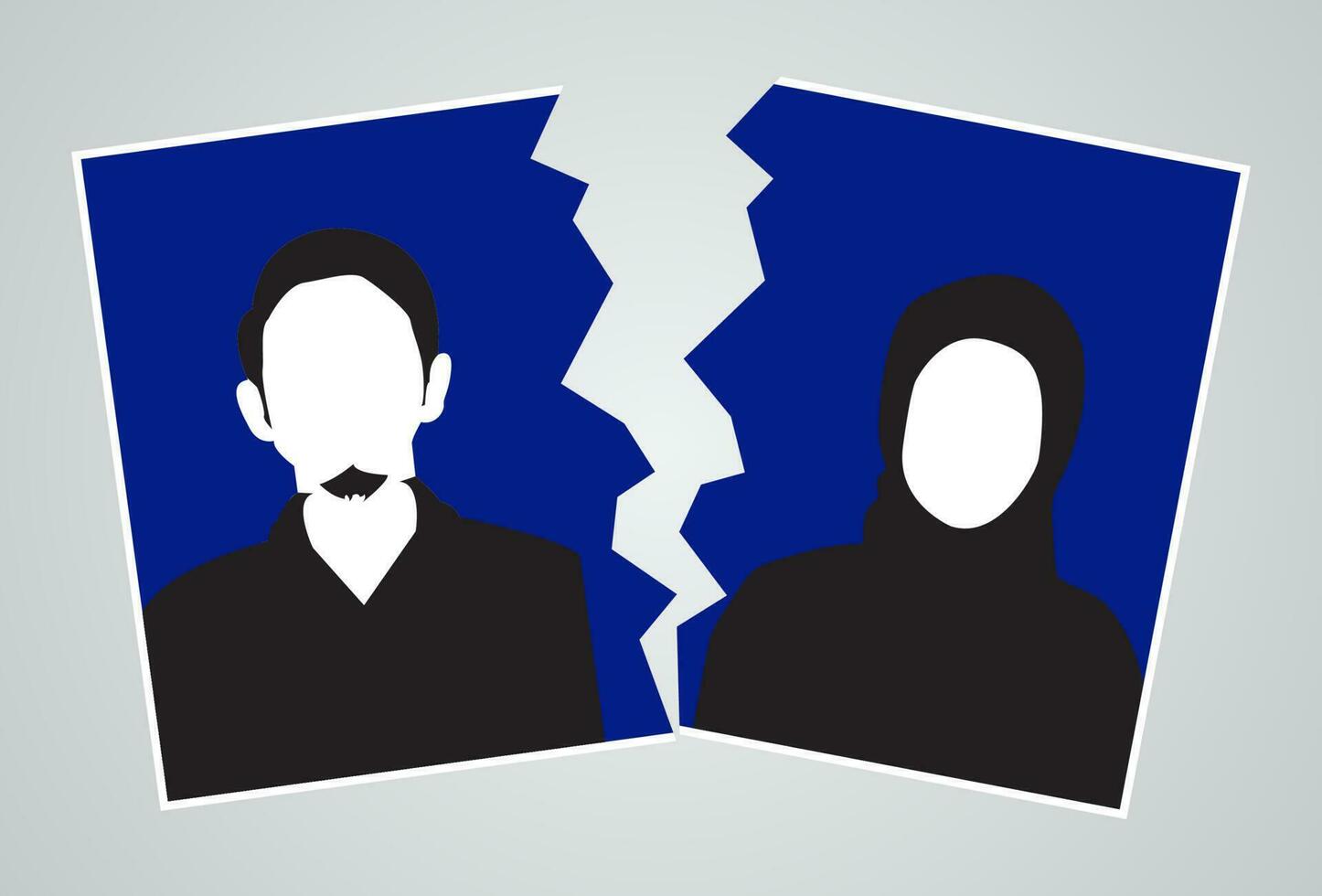 Silhouette Foto von Muslim Mann und Frau auf Blau Hintergrund mit zerrissen Wirkung. Scheidung Foto Illustration Konzept. vektor