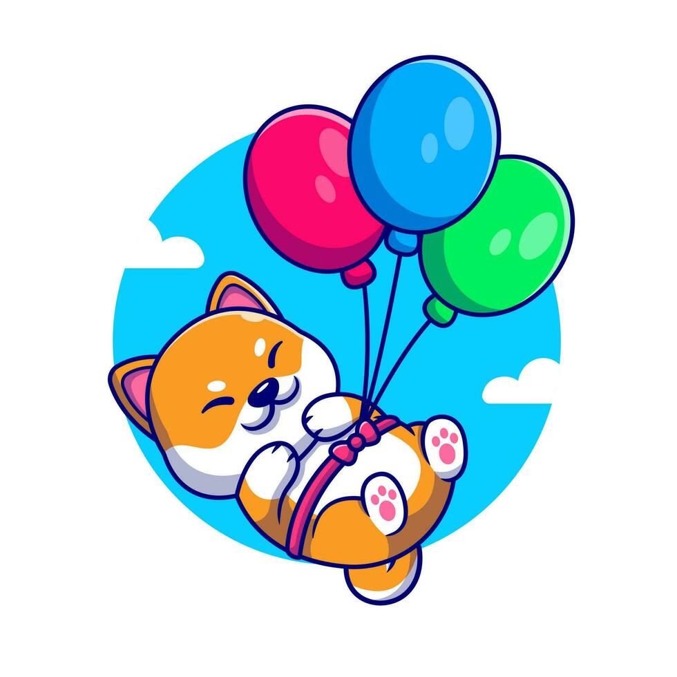 süß Shiba inu Hund schwebend mit Ballon Karikatur Vektor Symbol Illustration. Tier Natur Symbol Konzept isoliert Prämie Vektor. eben Karikatur Stil