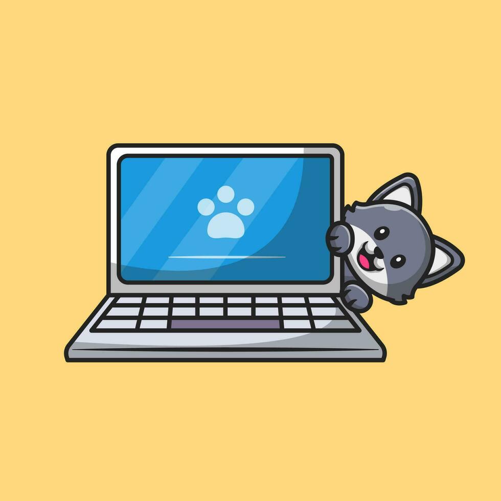 süß Katze versteckt hinter das Laptop Karikatur Vektor Symbol Illustration. Tier Technologie Symbol Konzept isoliert Prämie Vektor. eben Karikatur Stil