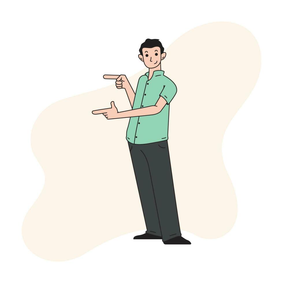ein Erwachsene Mann ist zeigen etwas mit seine zwei Finger zu das Seite vektor