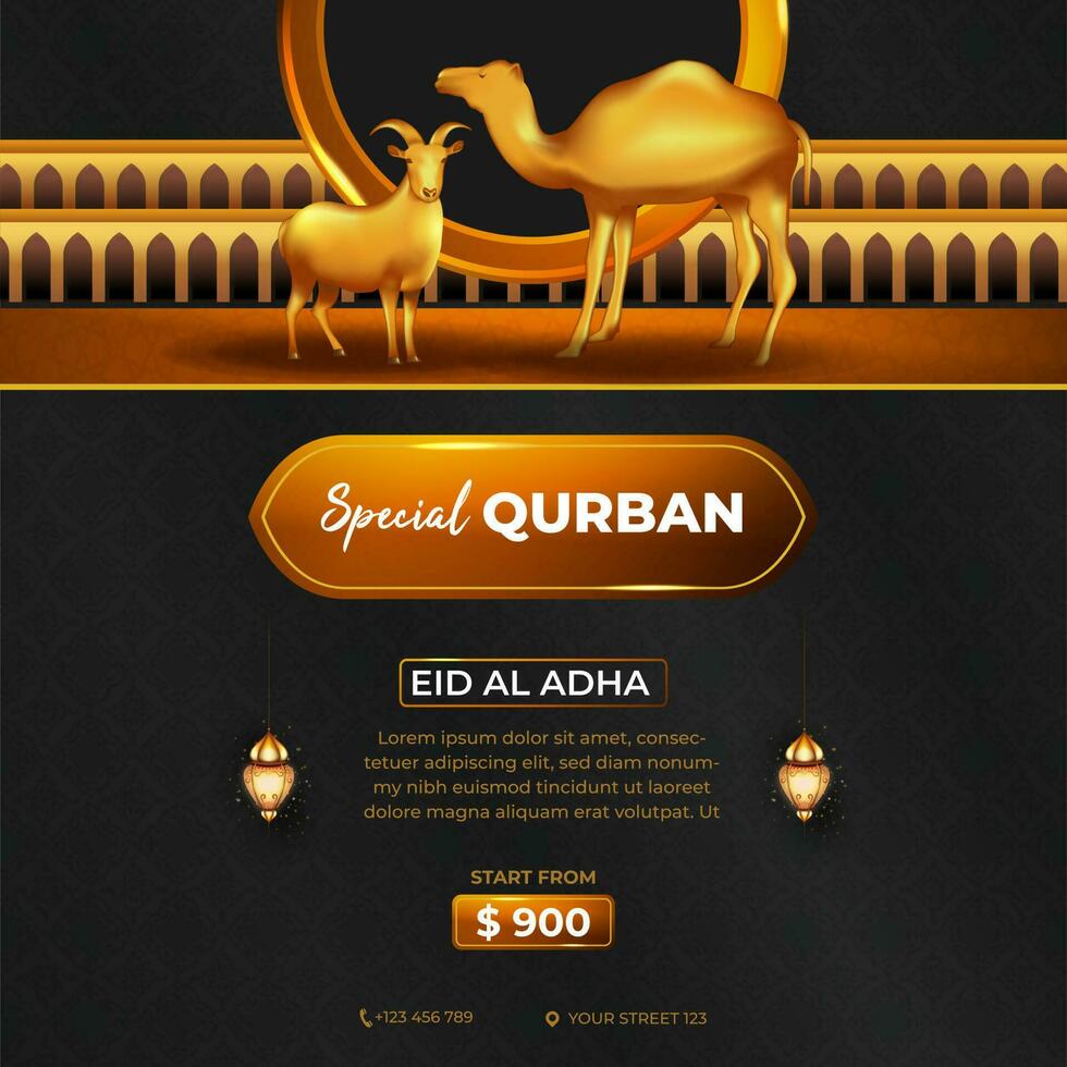 eid al Adha Qurbån social media mall med get, kamel och ko för affisch, baner design. vektor illustration