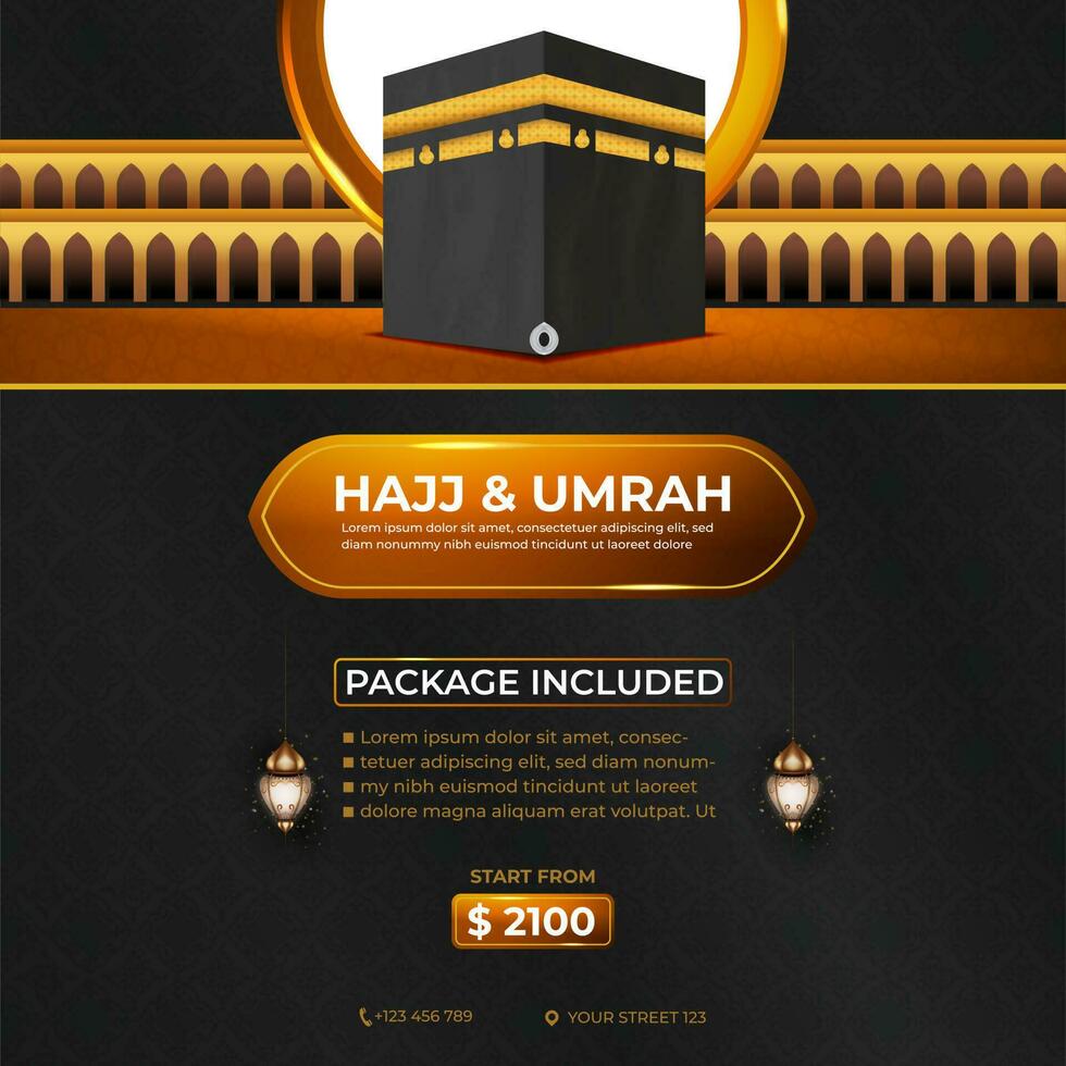 Tour hajj und umrah Sozial Medien Vorlage Vektor Design mit realistisch Kaaba zum islamisch Hintergrund, Flyer, Banner