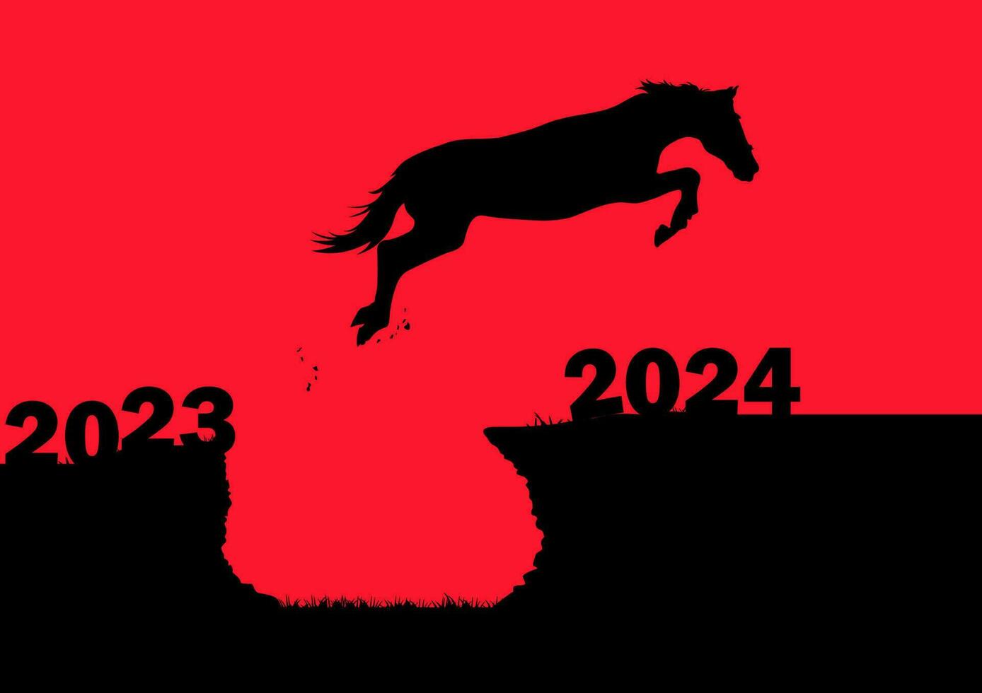 grafik design silhuett häst Hoppar från 2023 till 2024 ny år med soluppgång bakgrund vektor illustration