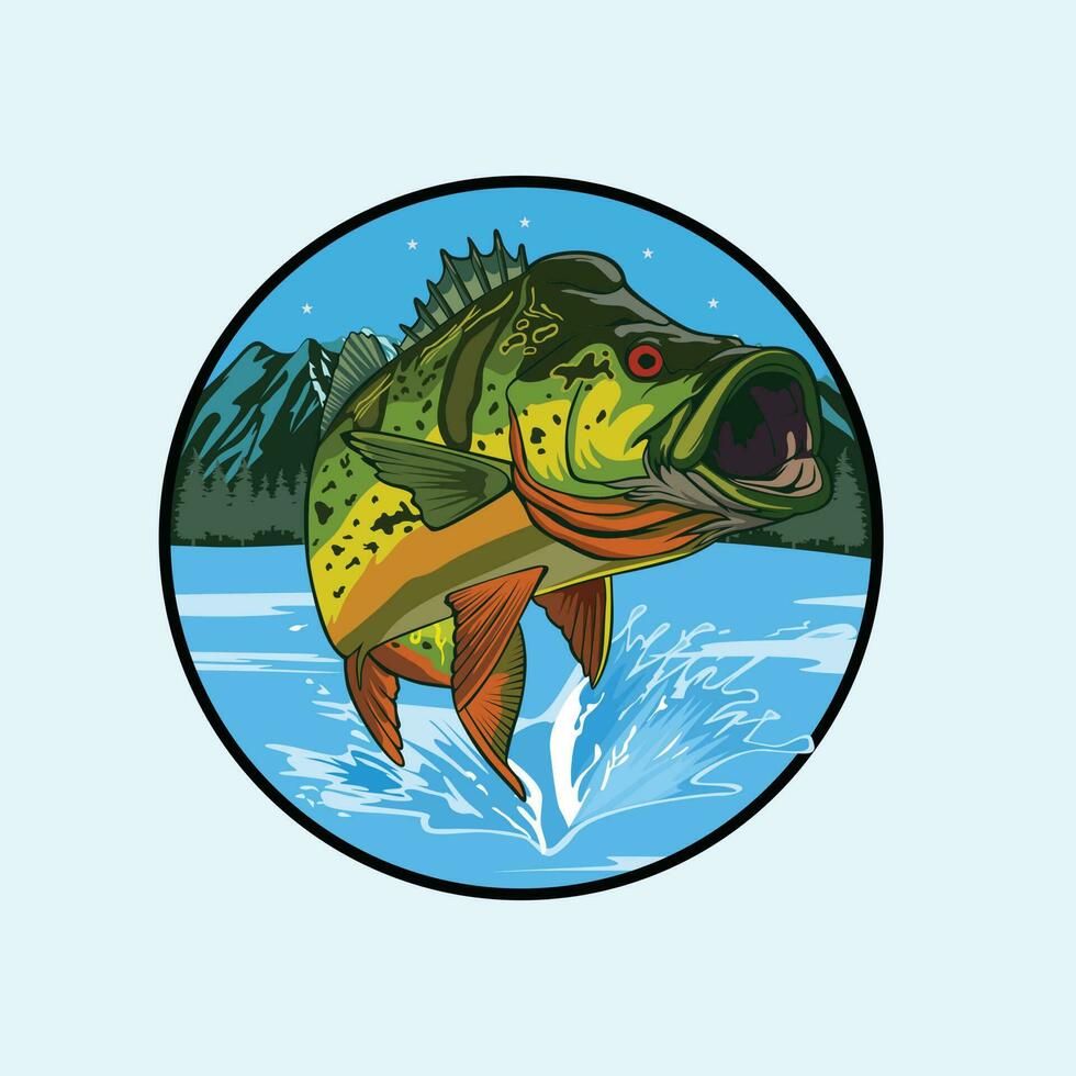 Vektor Illustration Logo Springen Pfauenbass Fisch