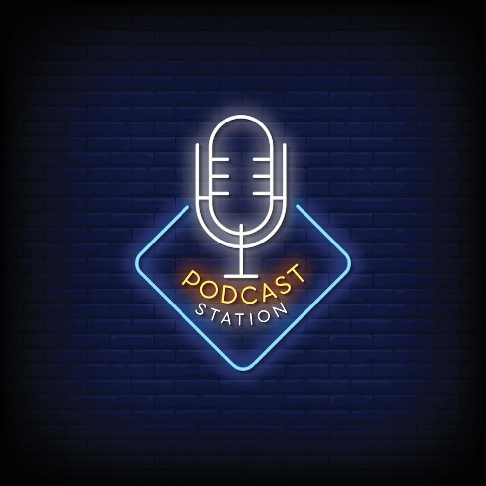podcast station logotyp neonskyltar stil text vektor