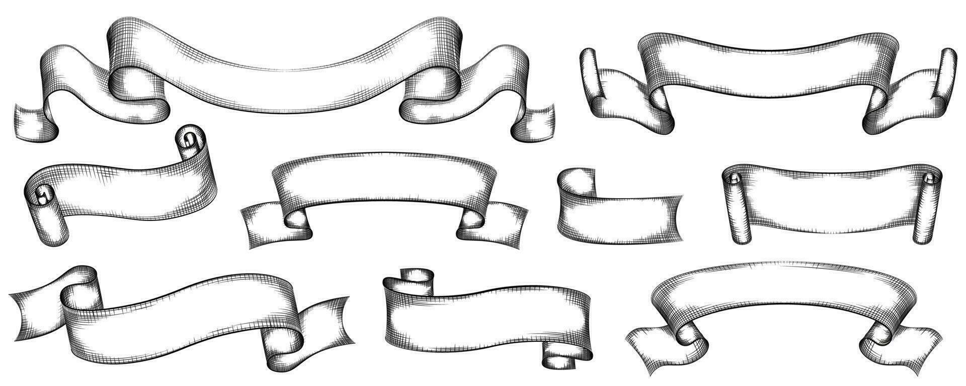 uppsättning av årgång, hand drunkna, svart och vit retro band. vektor illustration.
