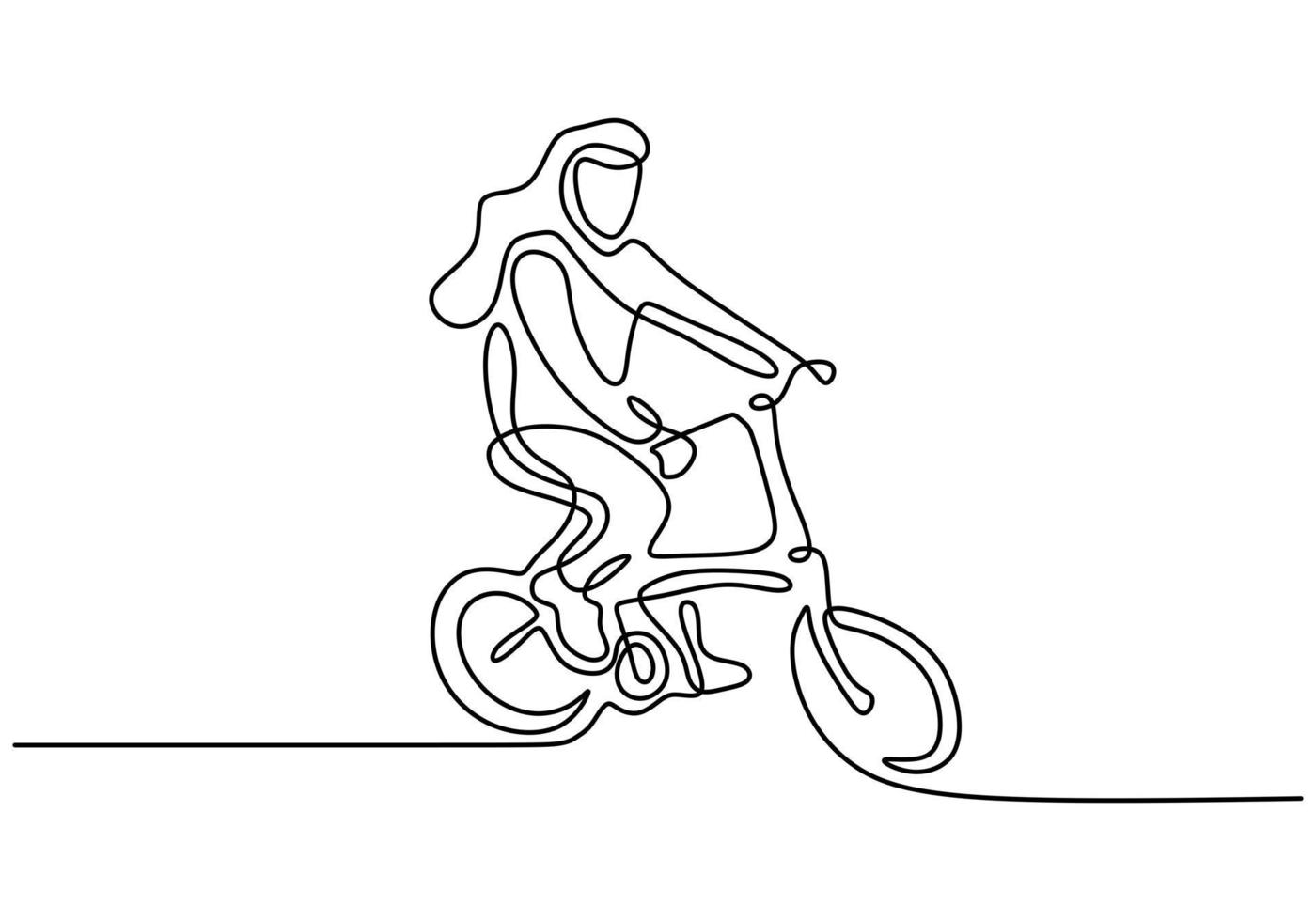kontinuerlig linje ritning av glad kvinna cykeltur vikta cykel vektor