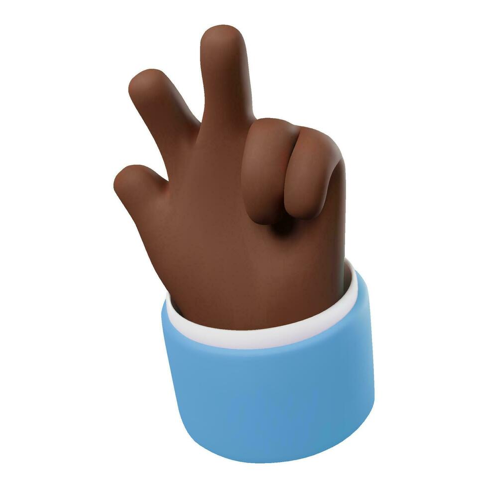 3d machen Symbol von dunkel gehäutet Hand Geste Frieden unterzeichnen. Vektor Illustration isoliert auf Weiß Hintergrund. Karikatur Stil Design zum Netz oder App. Sieg Geste. Hand im Blau Jacke