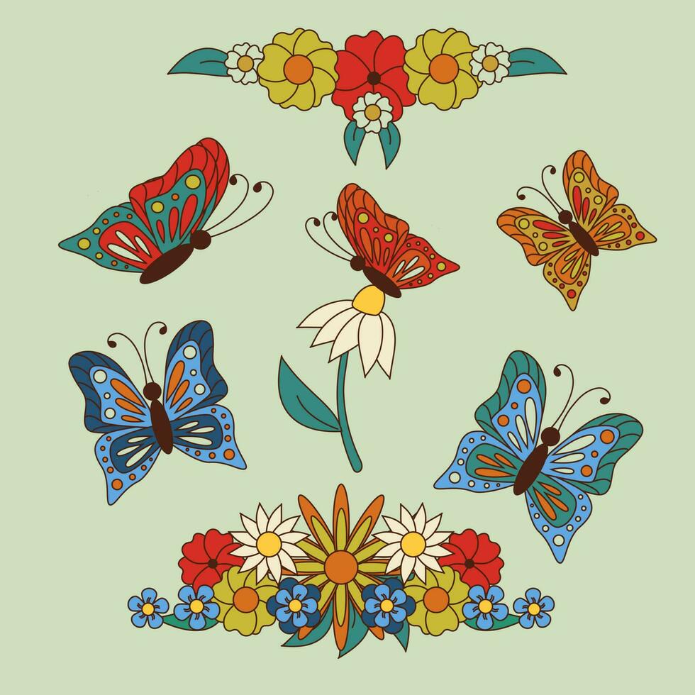 retro tecknad serie ClipArt med blommor och fjärilar. vektor översikt stiliserade illustration. samling av isolerat klistermärken. perfekt för dekoration, hälsning kort, vykort