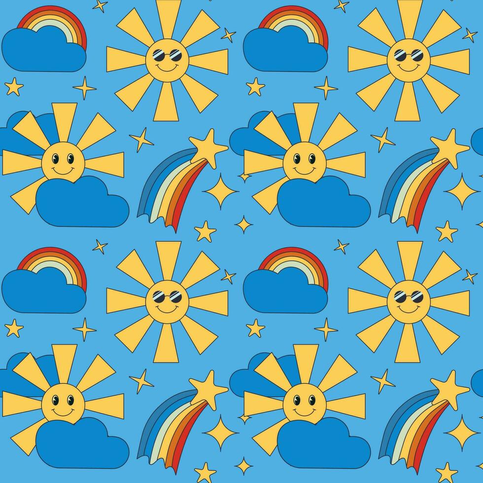 Karikatur retro kindisch nahtlos Muster mit Sonne, Wolke, Regenbogen und Sterne auf Blau Hintergrund. Vektor Kinder einzigartig Design. perfekt zum Kinder Textil, Hintergrund, Verpackung, Hintergrund, Innere Dekor.