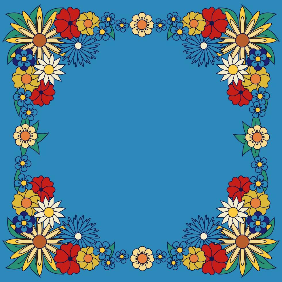 vektor baner med retro tecknad serie blommig ram, mall. inbjudan botanisk design. dekorativ gräns med översikt blommor. illustration med text Plats på blå bakgrund