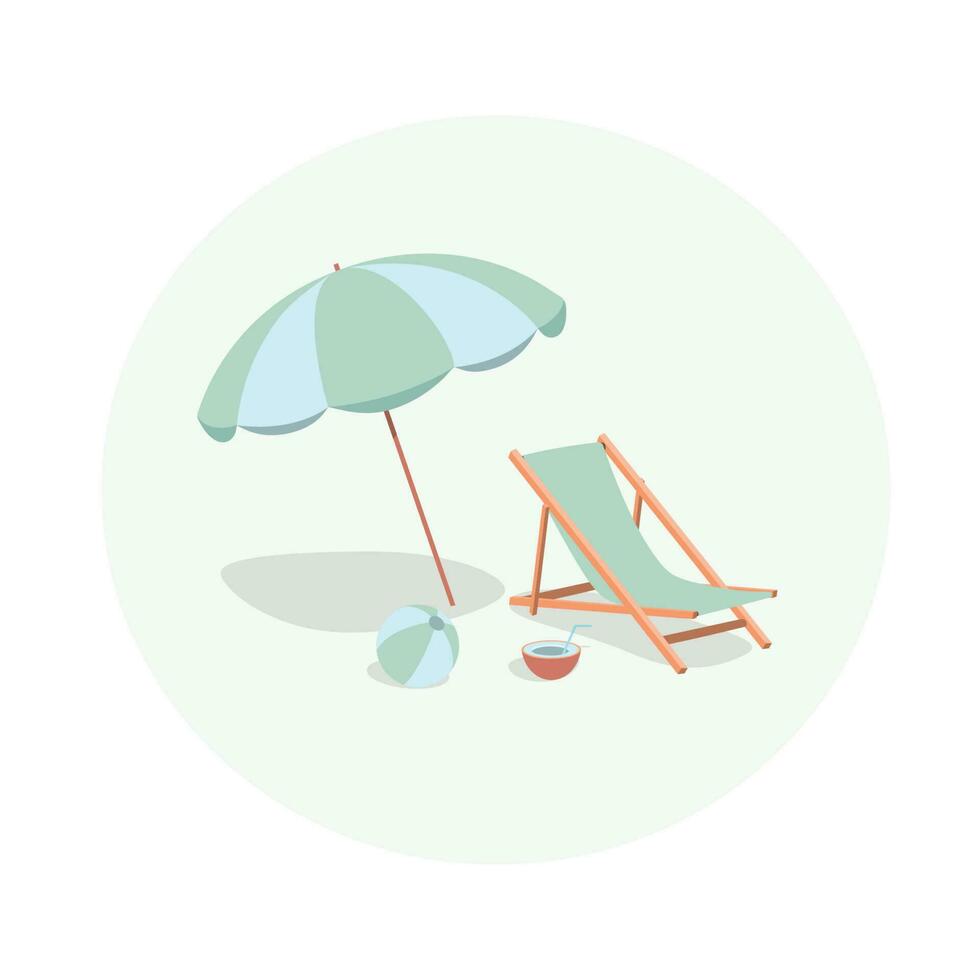 Chaise longue, Regenschirm, Ball, Kokosnuss. Sommer- tropisch Vektor Illustration.