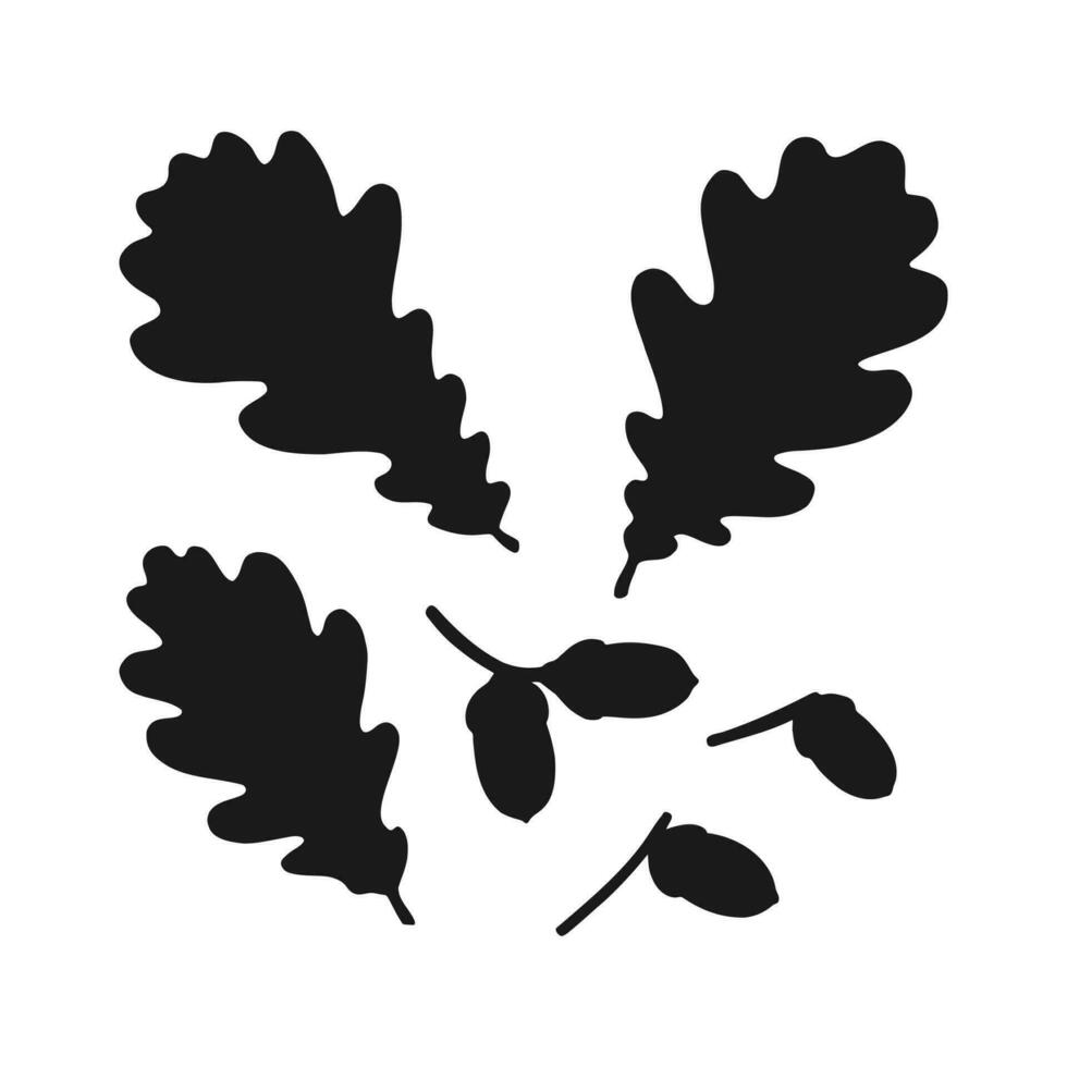 uppsättning med silhuett ek blad och ekollon. hand dragen höst vektor illustration.